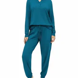 Bresdk Damen Pyjama Lang mit Knöpfen - Kuscheliger Hausanzug in Hellblau, Größe S