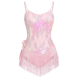 EFOGEP Damen Latein Tanz Bodysuit mit Pailletten, Quasten, Spitze, perfekt für Festivals, Raves, Konzerte und Partys, Rosa, Größe S