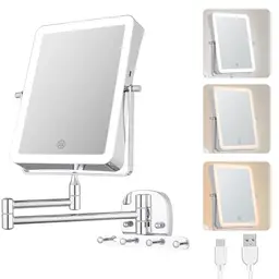 Wiederaufladbarer Kosmetikspiegel mit LED, 1X/7X Vergrößerung, wandmontiert, dimmbar, 3 Farben, Touchscreen, 360° Drehbar – für Bad & Hotel