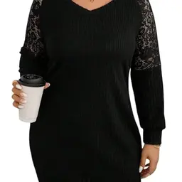 SweatyRocks Damen Curvy Strickkleid mit V-Ausschnitt, Langarm, Spitze, Elegant & Freizeit, Große Größen, Schwarz, 1XL