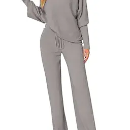 Pink Queen Damen Zweiteiler Homewear Set mit Fledermausärmeln und weiten Beinhosen in Grau