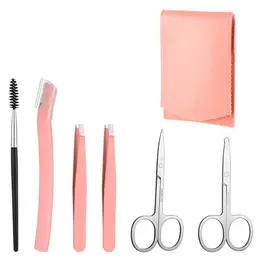 6er Set Edelstahl Augenbrauen-Pinzette mit Reiseetui und Schere - Rosa Schwarz