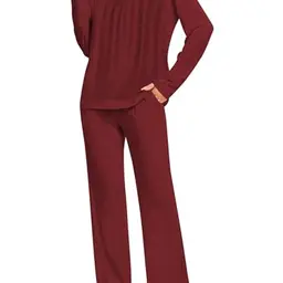 Famulily Damen Pyjama-Set - Bequeme Freizeitanzüge, 2-teilig, Rundhalsausschnitt, Elastic Bund, Wein M