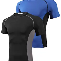 Wayleb Kompressions-Shirt für Herren, Kurzarm, atmungsaktiv, schnelltrocknend, Slim Fit, Blau/Schwarz, XL