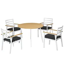 Outsunny 5-teiliges Gartenmöbel-Set mit Tisch und 4 Stühlen, inkl. Sitzkissen, Alu und Teak, für Terrasse und Balkon