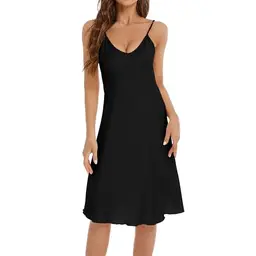 Satin Nachthemd Damen Negligee Babydoll mit Spaghettiträger V-Ausschnitt, Schwarz, S