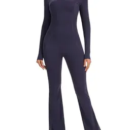 Ecupper Damen Jumpsuit Yoga Bodycon Overall U-Ausschnitt Langarm Schlaghosen Marineblau XS