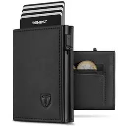 TENBST Herren Geldbörse mit RFID Schutz, Slim Wallet mit Münzfach und Platz für 10 Karten - Schwarz