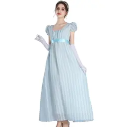 ROLECOS Damen Regency Kleid - Vintage Ballkleid im Jane Austen Stil, Blau, mit Handschuhen