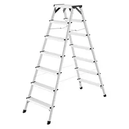 Hailo D60 Alu-Doppelstufenleiter, 2x7 Stufen, bis 150 kg, mit Spreizsicherung, Soft-Grip-Sohlen, stabile Versteifungen, rostfrei, Silber