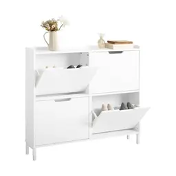 SoBuy Schuhschrank schmal mit 4 Klappen - Platzsparender Schuhkipper für Diele, Flur oder Garderobe - Weiß 100x91x19cm