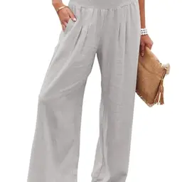 Leinenhose Damen Sommer Freizeithose Weites Bein Palazzo Hohe Taille mit Taschen (Grau, M)