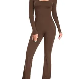Ecupper Damen Jumpsuit Yoga Bodycon Overall U-Ausschnitt Langärmelig Braun