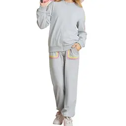 GRACE KARIN Mädchen Jogginganzug Sportanzug Oberteil + Hose Set Hellgrau 7 Jahre