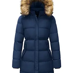 WenVen Damen Wintermantel Pufferjacke mit Kunstpelz Kapuze, Navy, M