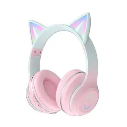 Usoun Bluetooth-Kopfhörer mit Katzenohren und LED-Licht, kabellos/verkabelt, faltbar, für Kinder und Erwachsene (grau-rosa)