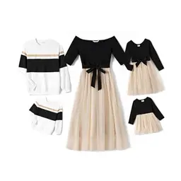 PATPAT Familien-Set: Mutter & Tochter Partnerlook, Langarm T-Shirts & Kleider, Herbst & Frühling, Schwarz, Baby Mädchen 6-9 Monate
