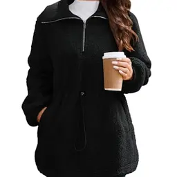 CURLBIUTY Damen Pullover mit Halbem Reißverschluss, Teddyfleece, Schwarz, XL