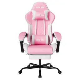 SUKIDA Gaming-Stuhl, ergonomisch, mit Fußstütze, 90-135° Rückenlehne, höhenverstellbar, Lendenwirbelstütze, pink-weiß