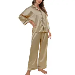 ACWOO Satin Damen Schlafanzug Set, Langarm Pyjama für Frauen, Zweiteiliges Nachtwäsche Set