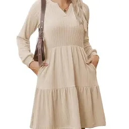 Zeagoo Langarm Strickkleid Damen V-Ausschnitt A-Linie Mit Taschen Beige XXL