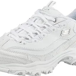 Skechers Damen D'Lites Fresh Start Trainers, Weiß, Leder/Netz, Silber-Details, EU 39,5