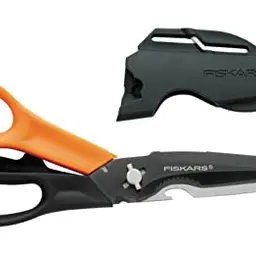 Fiskars Mehrzweckschere mit Schutzhülle und Schärfer, 23 cm, Schwarz/Orange