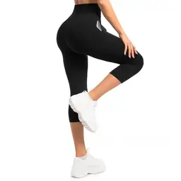 Sanpetix Capri Leggings Damen mit Taschen für Yoga - Schwarz, 3/4 Länge