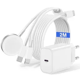 3-in-1 Ladekabel für Apple Watch und iPhone mit USB-C Ladegerät, 2m - kompatibel mit iPhone 16/15/14 Pro Max/Plus und iWatch Series