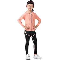 SXSHUN Kinder Trainingsanzug 2tlg Sport Set Yoga Laufen Kapuze Jogging Hose Shorts, Orange, Größe 146