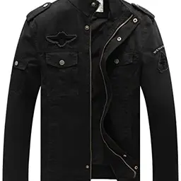 WenVen Herren Klassische Military Jacke Stehkragen Schwarz L