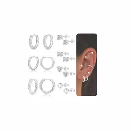 GEMAURA Creolen und Ohrstecker Set für Damen, 7 Paar aus hypoallergenen 925 Silber und Gold