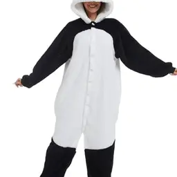Einteiliger Schlafanzug für Damen - Kuscheliger Fleece Jumpsuit mit Kapuze (Schwarz, XL)