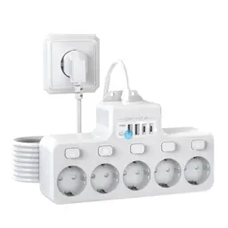 Energiesparende Steckdosenleiste mit 5 Anschlüssen und 2 USB-Anschlüssen, Wandmontage, 1,8 m Kabel