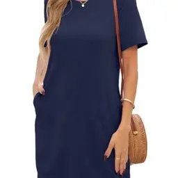 PrinStory Damen T-Shirt Kleid Kurzarm, stilvoll, hautfreundlich, lässig, mit Taschen, Marineblau, S