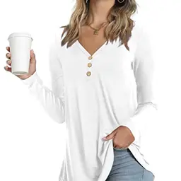 Ninee Damen Langarmshirt V-Ausschnitt Tunika - Lose Passform, Knopfleiste, Weiß, Größe L