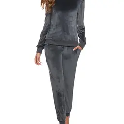 Wayleb Damen Schlafanzug Set Lang Samt Loungewear Freizeitanzug Herbst Winter Grau L