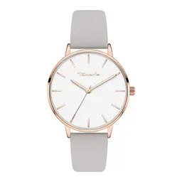 Tamaris Damenuhr mit Lederband – Runde, schlichte Armbanduhr in Roségold und Grau