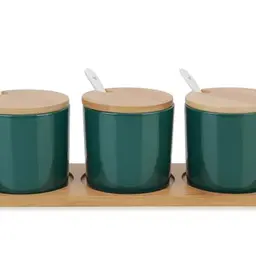 Chase Chic Gewürzbehälter Set, Keramik mit Bambusdeckel und Löffel, 690ml, Grün