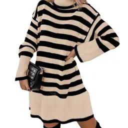 Imily Bela Damen Strickkleid Gestreift Rollkragen Langarm Elegant Knielang Beige S