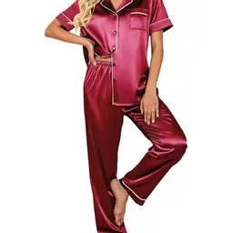 Ekouaer Satin Damen Schlafanzug Kurzarm Pyjamas Set Zweiteilig, Weinrot, Größe M