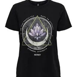 ONLY Damen ONLLUCY S/S T-Shirt, Schwarz mit Lotus-Print, Größe L