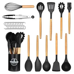 Küchenhelfer Set 24-teilig - Antihaft Silikon Kochutensilien mit Holzgriff und 12 S-Haken, Schwarz