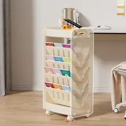 hoopyosms Mobiles Kinder Bücherregal mit Rollen, 2-seitiger Bücherwagen, platzsparend, große Kapazität, Beige