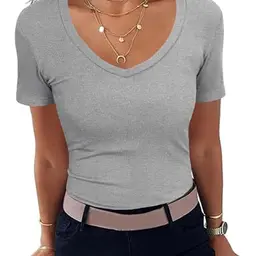 Aottori Damen V-Ausschnitt Basic Stretch T-Shirt, Kurzarm, Grau, Größe S