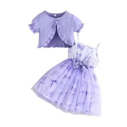 Yanmucy Mädchen Kleid mit Strickjacke 2-teilig, Sommerkleidung für 2-8 Jahre, Blau