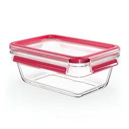 EMSA Clip & Close Glas Frischhaltedose, rechteckig, 0,85 L, 100 % dicht, rutschfest, rot/transparent
