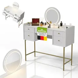 Juskys Schminktisch Samira mit LED-Spiegel und 5 Schubladen – Modernes, kompaktes Design in Weiß/Gold