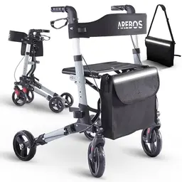 Arebos Leichtgewicht Rollator Aluminium | Faltbarer Reiserollator | Höhenverstellbar | Mit Stockhalter und Einkaufstasche | Schwarz