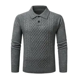 Herren Winterpullover mit Knöpfen und Zopfmuster, grau, breiter Revers-Ausschnitt, bequemes Strickdesign, Gr. L